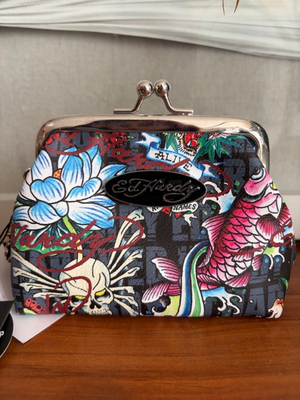 Ed Hardy Multicolor Floral Koi Kiss-Lock Cosmetic Wallet